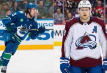 NHL News December 7, 2025: MacKinnon Makes History & Panthers Complete Wild Comeback A split photograph featuring Vancouver Canucks captain Quinn Hughes skating in a blue uniform on the left panel, alongside Colorado Avalanche alternate captain Nathan MacKinnon standing in a white uniform on the right panel.
