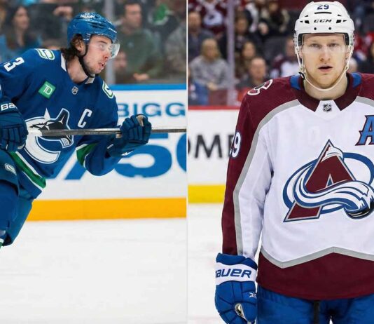 A split photograph featuring Vancouver Canucks captain Quinn Hughes skating in a blue uniform on the left panel, alongside Colorado Avalanche alternate captain Nathan MacKinnon standing in a white uniform on the right panel.