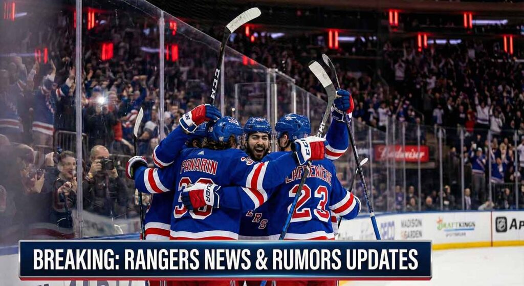 New York Rangers stars Artemi Panarin, Mika Zibanejad, and Alexis Lafrenière celebrating a goal against the glass at Madison Square Garden, with a banner overlay reading "BREAKING: RANGERS NEWS & RUMORS UPDATES".