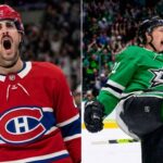 A split-screen photograph showing Montreal Canadiens forward Phillip Danault shouting in a red jersey on the left, and Dallas Stars forward Jason Robertson celebrating with a high kick in a green jersey on the right.