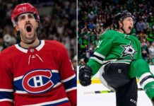 A split-screen photograph showing Montreal Canadiens forward Phillip Danault shouting in a red jersey on the left, and Dallas Stars forward Jason Robertson celebrating with a high kick in a green jersey on the right.