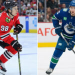 Is Quinn Hughes Leaving Vancouver? Plus Bedard’s Big Test & NHL Scores A split-frame photo showing Chicago Blackhawks forward Connor Bedard skating with the puck on the left, and Vancouver Canucks captain Quinn Hughes skating on the right.