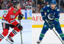 Is Quinn Hughes Leaving Vancouver? Plus Bedard’s Big Test & NHL Scores A split-frame photo showing Chicago Blackhawks forward Connor Bedard skating with the puck on the left, and Vancouver Canucks captain Quinn Hughes skating on the right.