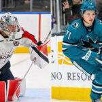 Split-screen action photograph featuring Washington Capitals goaltender Logan Thompson making a glove save on the left panel, and San Jose Sharks rookie Macklin Celebrini skating with the puck along the boards on the right panel during NHL game action.