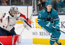 NHL News December 8, 2025: Celebrini & Thompson Hit Century Marks Split-screen action photograph featuring Washington Capitals goaltender Logan Thompson making a glove save on the left panel, and San Jose Sharks rookie Macklin Celebrini skating with the puck along the boards on the right panel during NHL game action.