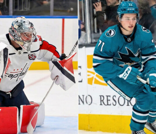 Split-screen action photograph featuring Washington Capitals goaltender Logan Thompson making a glove save on the left panel, and San Jose Sharks rookie Macklin Celebrini skating with the puck along the boards on the right panel during NHL game action.