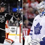 Mom’s Magic: Kopitar Makes History as Canucks Captain Hits Rumor Mill A split-screen photograph featuring Los Angeles Kings captain Anze Kopitar celebrating a goal with his stick raised on the left, alongside Toronto Maple Leafs goaltender Dennis Hildeby standing in his crease wearing his white away jersey and blue-patterned mask on the right.