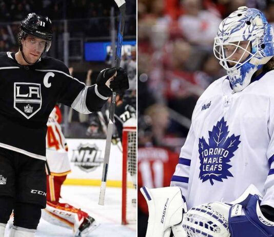 Mom’s Magic: Kopitar Makes History as Canucks Captain Hits Rumor Mill A split-screen photograph featuring Los Angeles Kings captain Anze Kopitar celebrating a goal with his stick raised on the left, alongside Toronto Maple Leafs goaltender Dennis Hildeby standing in his crease wearing his white away jersey and blue-patterned mask on the right.