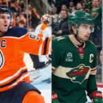 NHL News Dec 14, 2025: Quinn Hughes Traded to Wild in Massive Deal A split photograph showing two NHL captains. On the left side, Connor McDavid of the Edmonton Oilers in an orange jersey celebrates with arms raised. On the right side, Quinn Hughes of the Minnesota Wild in a green jersey.