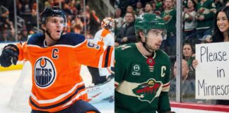 A split photograph showing two NHL captains. On the left side, Connor McDavid of the Edmonton Oilers in an orange jersey celebrates with arms raised. On the right side, Quinn Hughes of the Minnesota Wild in a green jersey.
