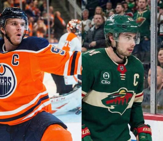NHL News Dec 14, 2025: Quinn Hughes Traded to Wild in Massive Deal A split photograph showing two NHL captains. On the left side, Connor McDavid of the Edmonton Oilers in an orange jersey celebrates with arms raised. On the right side, Quinn Hughes of the Minnesota Wild in a green jersey.