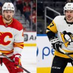 A side-by-side split photograph showing Calgary Flames defenseman Rasmus Andersson (left) and Pittsburgh Penguins captain Sidney Crosby (right), both in their white away jerseys standing on the ice during a game.