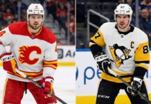 A side-by-side split photograph showing Calgary Flames defenseman Rasmus Andersson (left) and Pittsburgh Penguins captain Sidney Crosby (right), both in their white away jerseys standing on the ice during a game.