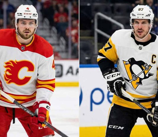 A side-by-side split photograph showing Calgary Flames defenseman Rasmus Andersson (left) and Pittsburgh Penguins captain Sidney Crosby (right), both in their white away jerseys standing on the ice during a game.