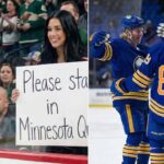 A split-screen hockey image. On the left, Minnesota Wild captain Quinn Hughes looks on as a fan behind the glass holds a handwritten sign reading "Please stay in Minnesota Quinn." On the right, three Buffalo Sabres players, including Alex Tuch (#89) viewed from behind, celebrate together on the ice during a game.