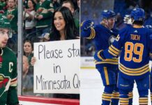 A split-screen hockey image. On the left, Minnesota Wild captain Quinn Hughes looks on as a fan behind the glass holds a handwritten sign reading "Please stay in Minnesota Quinn." On the right, three Buffalo Sabres players, including Alex Tuch (#89) viewed from behind, celebrate together on the ice during a game.