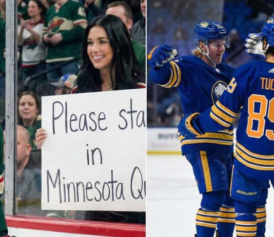 A split-screen hockey image. On the left, Minnesota Wild captain Quinn Hughes looks on as a fan behind the glass holds a handwritten sign reading "Please stay in Minnesota Quinn." On the right, three Buffalo Sabres players, including Alex Tuch (#89) viewed from behind, celebrate together on the ice during a game.