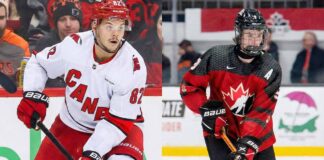 A vertical split-screen photograph showing two hockey players in action. On the left, Jesperi Kotkaniemi of the Carolina Hurricanes skates with the puck in a white away jersey. On the right, Team Canada prospect Gavin McKenna skates with the puck wearing a red jersey and a full face shield.