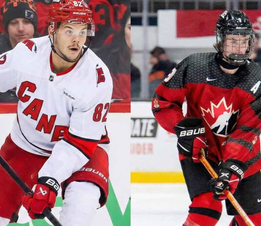 A vertical split-screen photograph showing two hockey players in action. On the left, Jesperi Kotkaniemi of the Carolina Hurricanes skates with the puck in a white away jersey. On the right, Team Canada prospect Gavin McKenna skates with the puck wearing a red jersey and a full face shield.