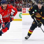 A split-screen graphic showing Washington Capitals captain Alex Ovechkin skating with the puck on the left side, alongside Vancouver Canucks captain Quinn Hughes skating with the puck on the right side.