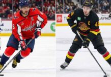 A split-screen graphic showing Washington Capitals captain Alex Ovechkin skating with the puck on the left side, alongside Vancouver Canucks captain Quinn Hughes skating with the puck on the right side.
