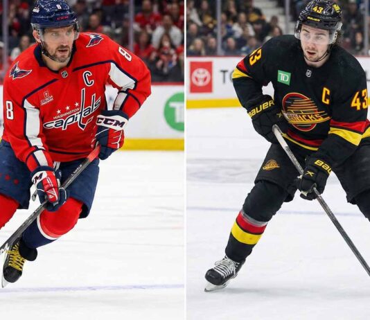 A split-screen graphic showing Washington Capitals captain Alex Ovechkin skating with the puck on the left side, alongside Vancouver Canucks captain Quinn Hughes skating with the puck on the right side.