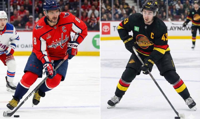 A split-screen graphic showing Washington Capitals captain Alex Ovechkin skating with the puck on the left side, alongside Vancouver Canucks captain Quinn Hughes skating with the puck on the right side.