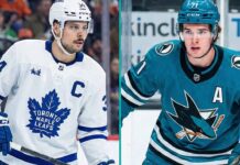 NHL News: Trade Rumors Swirl & Celebrini Makes History (Dec 28, 2025) A split-screen image featuring Toronto Maple Leafs captain Auston Matthews standing on the ice in a white away jersey on the left side, and San Jose Sharks rookie Macklin Celebrini skating in a teal home jersey on the right side.