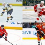 4 NHL Players Flying Under the Radar: 2025-26 Breakout Stars A four-panel split image showing NHL players in game action during the 2025-26 season. Top left: A Vegas Golden Knights player skating with the puck. Top right: A Detroit Red Wings player handling the puck. Bottom left: A Washington Capitals player skating hard. Bottom right: An Anaheim Ducks player looking forward with the puck.