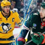 NHL News: Quinn Hughes Trade Already Changing the NHL? + Crosby Chasing History A vertical split-screen graphic featuring two NHL stars. On the left, Pittsburgh Penguins captain Sidney Crosby wears his yellow jersey, holding his stick and looking towards the center. On the right, Minnesota Wild defenseman Quinn Hughes wears his green jersey, also holding his stick and looking towards the center.