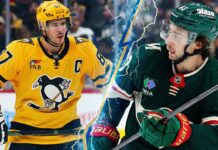 A vertical split-screen graphic featuring two NHL stars. On the left, Pittsburgh Penguins captain Sidney Crosby wears his yellow jersey, holding his stick and looking towards the center. On the right, Minnesota Wild defenseman Quinn Hughes wears his green jersey, also holding his stick and looking towards the center.