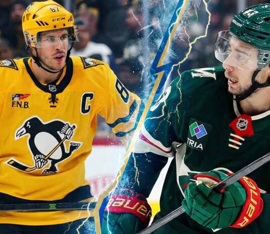 A vertical split-screen graphic featuring two NHL stars. On the left, Pittsburgh Penguins captain Sidney Crosby wears his yellow jersey, holding his stick and looking towards the center. On the right, Minnesota Wild defenseman Quinn Hughes wears his green jersey, also holding his stick and looking towards the center.