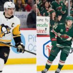 A split-frame photograph showing Pittsburgh Penguins captain Sidney Crosby on the left in his white away jersey, and Minnesota Wild captain Quinn Hughes on the right in his green home jersey, both skating on the ice during respective games.