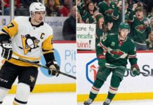 A split-frame photograph showing Pittsburgh Penguins captain Sidney Crosby on the left in his white away jersey, and Minnesota Wild captain Quinn Hughes on the right in his green home jersey, both skating on the ice during respective games.