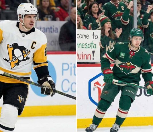 A split-frame photograph showing Pittsburgh Penguins captain Sidney Crosby on the left in his white away jersey, and Minnesota Wild captain Quinn Hughes on the right in his green home jersey, both skating on the ice during respective games.