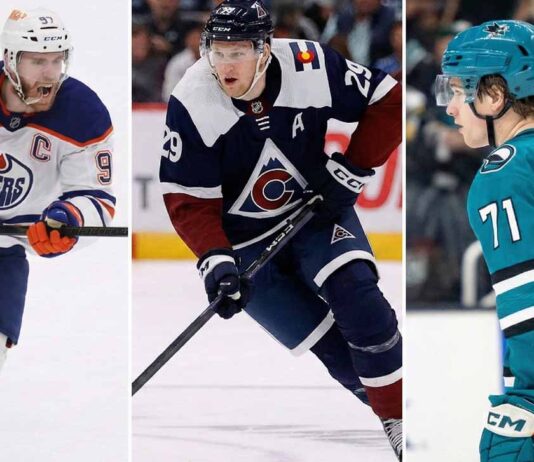 A split image featuring three top NHL power players: Connor McDavid of the Edmonton Oilers skating with the puck, Nathan MacKinnon of the Colorado Avalanche driving the play, and San Jose Sharks rising star Macklin Celebrini in his teal #71 jersey.