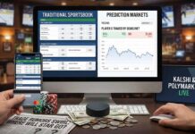 Smartphone displaying NHL betting odds on DraftKings and Kalshi prediction markets next to a hockey puck and trade rumor headlines.