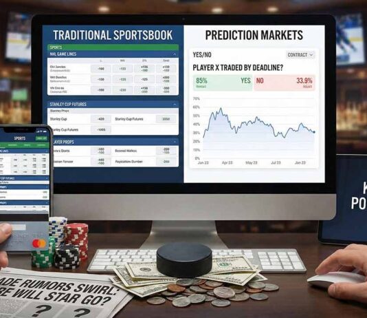 Is It Possible to Bet on Potential NHL Trades or Player Landing Destinations? Smartphone displaying NHL betting odds on DraftKings and Kalshi prediction markets next to a hockey puck and trade rumor headlines.
