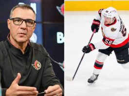 Ottawa Senators GM Steve Staios looking at roster options with Carter Yakemchuk inset, highlighting trade deadline decisions.