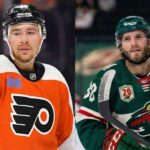A split-screen photograph. On the left side, Philadelphia Flyers forward Bobby Brink (#46) is shown in a white away jersey and black helmet, looking towards the right. On the right side, Minnesota Wild forward Ryan Hartman (#38) is shown in a green home jersey and green helmet, holding his stick and looking upward.