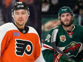 Flyers Trade Rumors: Analyzing a Ryan Hartman for Bobby Brink Swap A split-screen photograph. On the left side, Philadelphia Flyers forward Bobby Brink (#46) is shown in a white away jersey and black helmet, looking towards the right. On the right side, Minnesota Wild forward Ryan Hartman (#38) is shown in a green home jersey and green helmet, holding his stick and looking upward.
