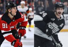 Split-screen photo showing Los Angeles Kings center Phillip Danault (#24) on the right yelling, and New Jersey Devils forward Dawson Mercer (#91) on the left in a ready stance, the two key players linked in NHL trade rumors in December 2025.