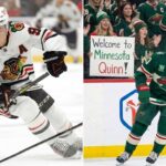 A split photograph featuring two NHL players. On the left side, Connor Bedard of the Chicago Blackhawks is shown skating with the puck in a white away jersey. On the right side, Quinn Hughes of the Minnesota Wild is depicted skating in a green home jersey