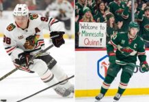NHL News: Quinn Hughes Blockbuster Trade & Bedard Injury Update A split photograph featuring two NHL players. On the left side, Connor Bedard of the Chicago Blackhawks is shown skating with the puck in a white away jersey. On the right side, Quinn Hughes of the Minnesota Wild is depicted skating in a green home jersey