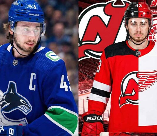 A split image graphic illustrating NHL trade rumors involving Quinn Hughes. On the left side, Hughes is pictured on the ice wearing his current blue Vancouver Canucks jersey. The right side is a composite graphic showing Hughes wearing a jersey split down the middle—the left half is the red and black of the New Jersey Devils, and the right half is the red and white of the Detroit Red Wings
