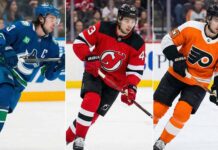 Triptych image showing NHL defenseman Quinn Hughes in three different uniforms side-by-side: his current blue Vancouver Canucks jersey on the left, a red New Jersey Devils jersey in the center, and an orange Philadelphia Flyers jersey on the right, illustrating the latest NHL trade rumors.