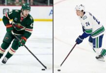 A split-screen photograph features two ice hockey defensemen skating with the puck. On the left, Quinn Hughes wears a green Minnesota Wild jersey, and on the right, Zeev Buium wears a white Vancouver Canucks jersey.