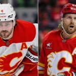 A split-frame photograph featuring Calgary Flames defenseman Rasmus Andersson (left) in a white away jersey and forward Blake Coleman (right) in a red home jersey. Both players wear assistant captain 'A' patches on their uniforms.