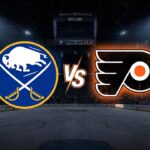 A stylized matchup graphic featuring the glowing Buffalo Sabres logo and Philadelphia Flyers logo separated by "VS," set inside a spotlighted Xfinity Mobile Arena rink with the jumbotron displaying "DEC 3, 2025."