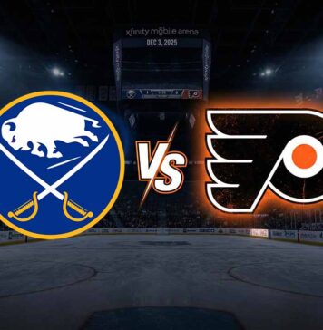 A stylized matchup graphic featuring the glowing Buffalo Sabres logo and Philadelphia Flyers logo separated by "VS," set inside a spotlighted Xfinity Mobile Arena rink with the jumbotron displaying "DEC 3, 2025."